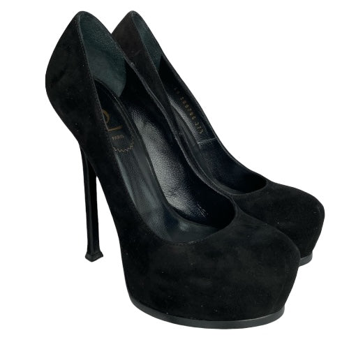 YSL YVES SAINT LAURENT Black Suede Tribtoo Tribute Platform Pumps, Size 37.5