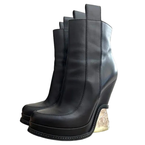 FENDI Black Leather Lucite Ice Heel Ankle Boots, Size 38