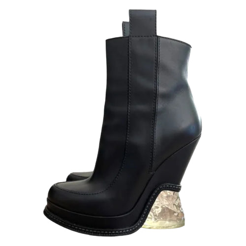 FENDI Black Leather Lucite Ice Heel Ankle Boots, Size 38