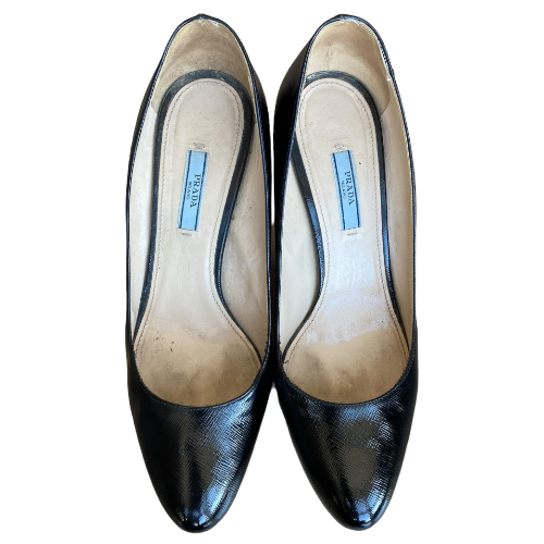 PRADA Black Textured Patent Leather Platform Pumps, Size 41