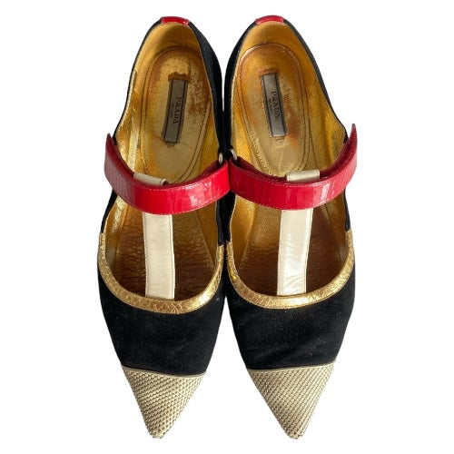 PRADA Multicolor Suede and Patent Pointed Toe Ballet Flats, Size 38