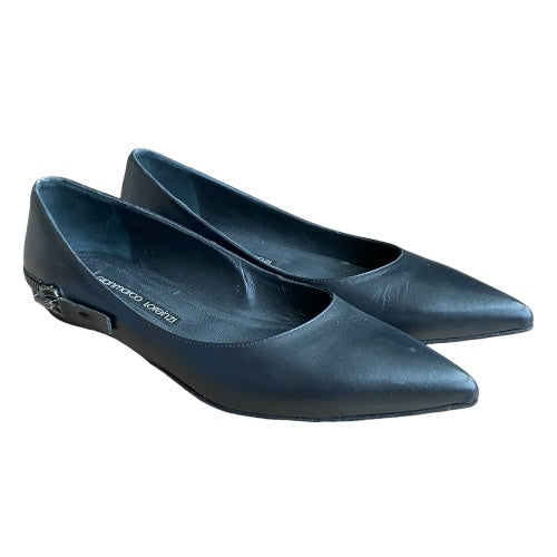 GIANMARCO LORENZI Black Leather Zip Detail Pointed Toe Ballet Flats, Size 37