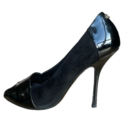 GUCCI Black Suede & Patent Leather GG Logo Detail Peep Toe Pumps, Size 35.5 C