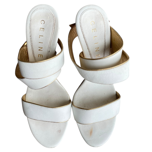 CELINE White Leather Strappy, Gold Leather Trim Gold Heeled Sandals, Size 38 B