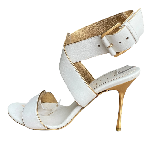 CELINE White Leather Strappy, Gold Leather Trim Gold Heeled Sandals, Size 38 B