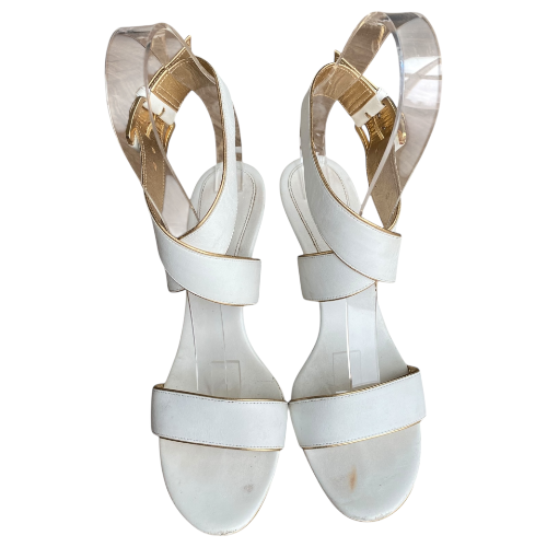 CELINE White Leather Strappy, Gold Leather Trim Gold Heeled Sandals, Size 38 B