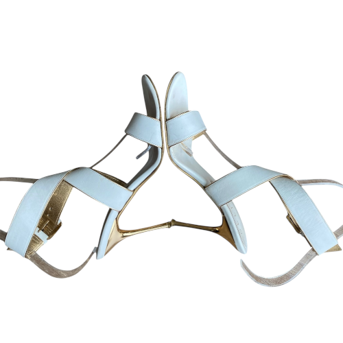 CELINE White Leather Strappy, Gold Leather Trim Gold Heeled Sandals, Size 38 B