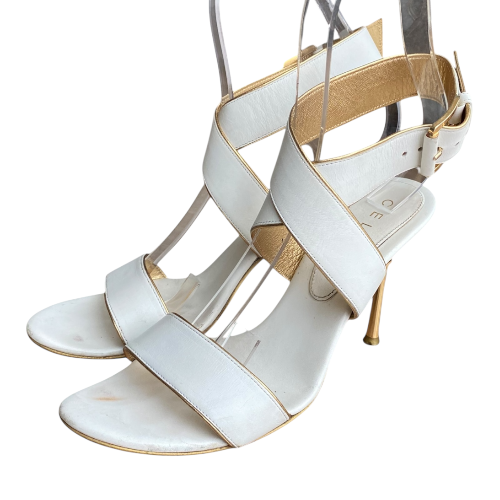 CELINE White Leather Strappy, Gold Leather Trim Gold Heeled Sandals, Size 38 B
