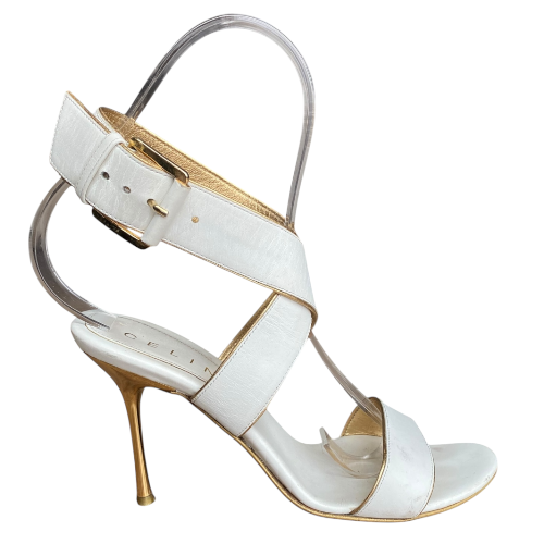 CELINE White Leather Strappy, Gold Leather Trim Gold Heeled Sandals, Size 38 B