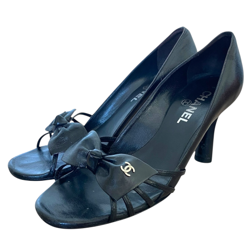CHANEL Black Leather CC Bow Strappy D'orsay Open Toe Pumps, Size 37.5
