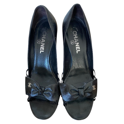CHANEL Black Leather CC Bow Strappy D'orsay Open Toe Pumps, Size 37.5