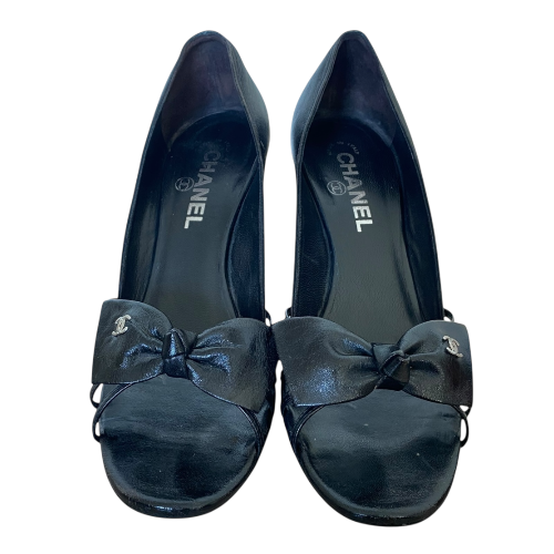 CHANEL Black Leather CC Bow Strappy D'orsay Open Toe Pumps, Size 37.5