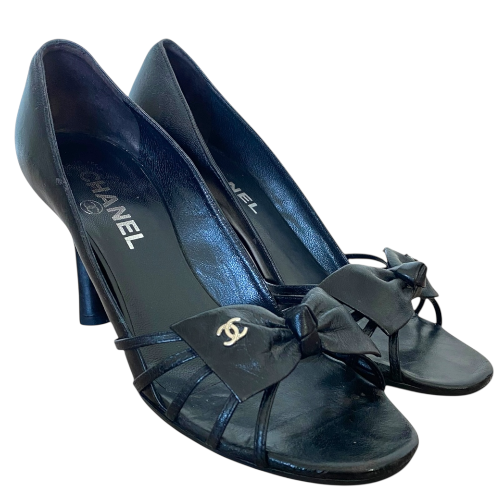 CHANEL Black Leather CC Bow Strappy D'orsay Open Toe Pumps, Size 37.5