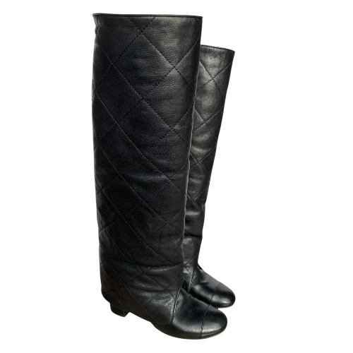 CHANEL Black Leather Quilted Overlay Knee High Boots, Size 37.5