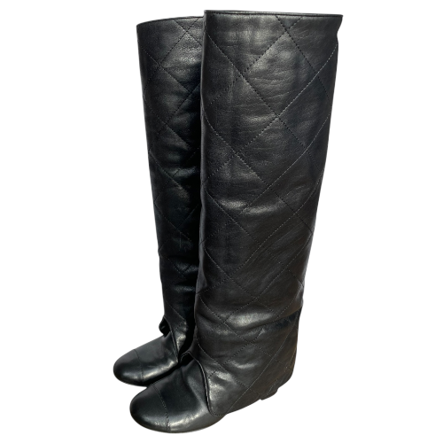 CHANEL Black Leather Quilted Overlay Knee High Boots, Size 37.5
