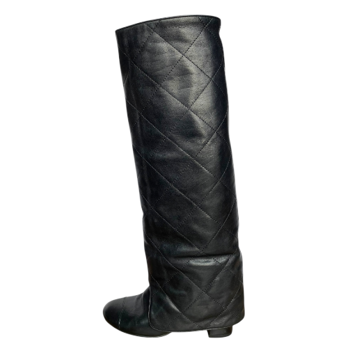 CHANEL Black Leather Quilted Overlay Knee High Boots, Size 37.5