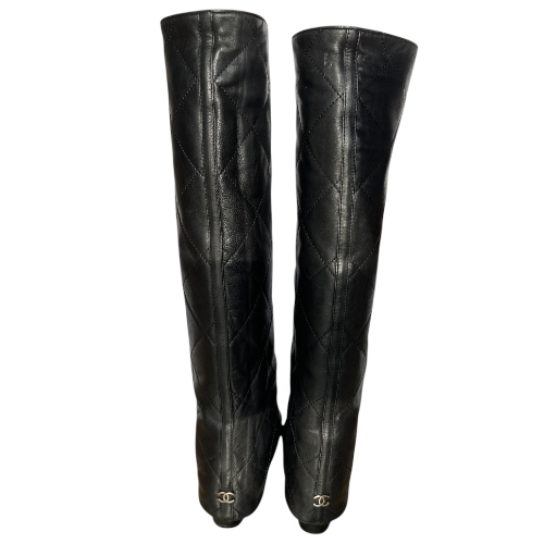 CHANEL Black Leather Quilted Overlay Knee High Boots, Size 37.5