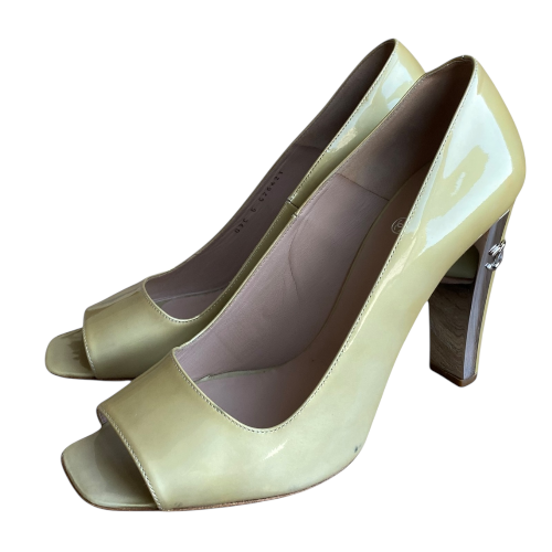 CHANEL Pale Yellow Patent Leather CC Logo Silver Heel Peep Toe Pumps, Size 41