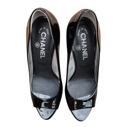 CHANEL Black Patent Leather Peep Toe CC Logo Silver Heel Pumps, Size 38