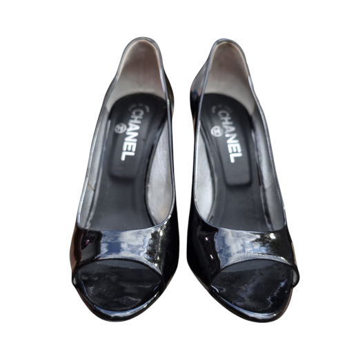 CHANEL Black Patent Leather Peep Toe CC Logo Silver Heel Pumps, Size 38