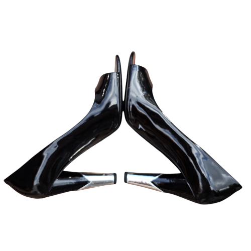 CHANEL Black Patent Leather Peep Toe CC Logo Silver Heel Pumps, Size 38