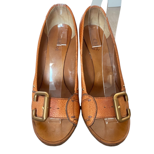 CHLOE Leather Buckle Detail Camel Peep Toe Pumps, Size 38.5