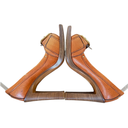 CHLOE Leather Buckle Detail Camel Peep Toe Pumps, Size 38.5