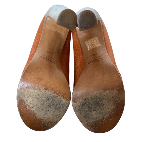 CHLOE Leather Buckle Detail Camel Peep Toe Pumps, Size 38.5