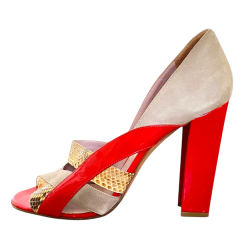 CHLOE Tricolor Python Trim & Patent Leather Open Toe Pumps, Size 39.5