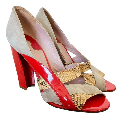 CHLOE Tricolor Python Trim & Patent Leather Open Toe Pumps, Size 39.5