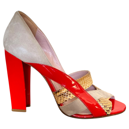 CHLOE Tricolor Python Trim & Patent Leather Open Toe Pumps, Size 39.5