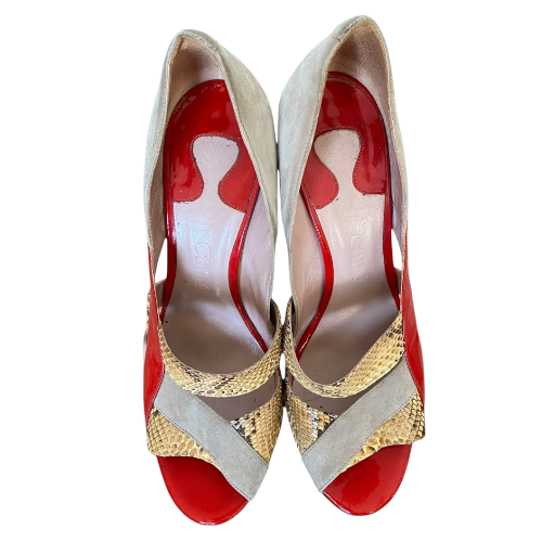 CHLOE Tricolor Python Trim & Patent Leather Open Toe Pumps, Size 39.5