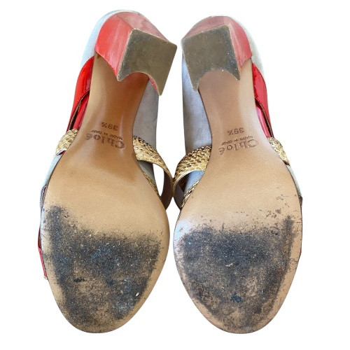 CHLOE Tricolor Python Trim & Patent Leather Open Toe Pumps, Size 39.5