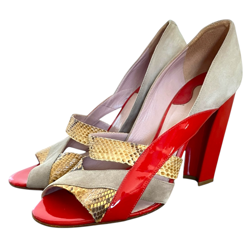 CHLOE Tricolor Python Trim & Patent Leather Open Toe Pumps, Size 39.5