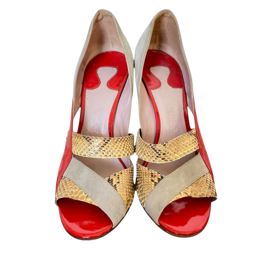 CHLOE Tricolor Python Trim & Patent Leather Open Toe Pumps, Size 39.5
