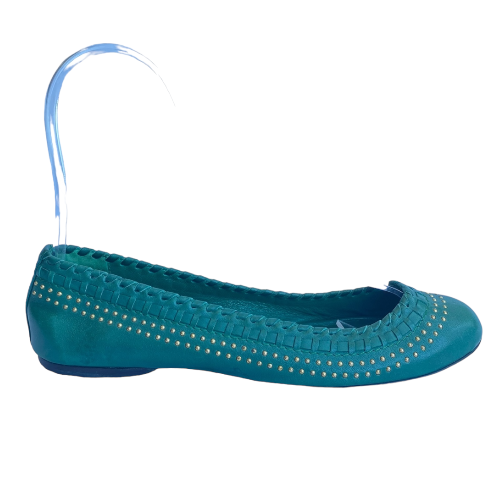 GUCCI Green Leather Gold Studded Ballet Flats, Size 35.5