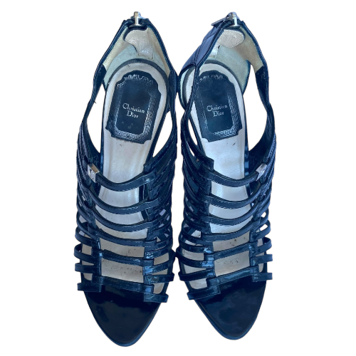 CHRISTIAN DIOR Black Patent Leather Caged Strappy Heel Sandals, Size 36.5