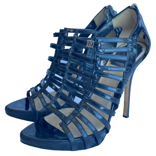 CHRISTIAN DIOR Black Patent Leather Caged Strappy Heel Sandals, Size 36.5