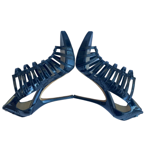 CHRISTIAN DIOR Black Patent Leather Caged Strappy Heel Sandals, Size 36.5
