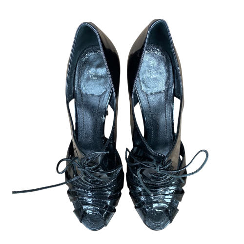 CHRISTIAN DIOR Black Patent Leather Cutout Peep Toe Lace Up Booties, Size 37.5