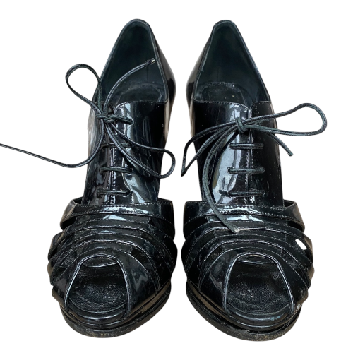 CHRISTIAN DIOR Black Patent Leather Cutout Peep Toe Lace Up Booties, Size 37.5