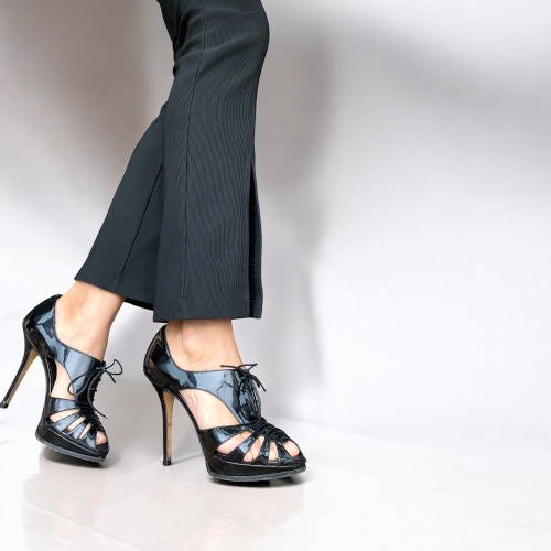 CHRISTIAN DIOR Black Patent Leather Cutout Peep Toe Lace Up Booties, Size 37.5