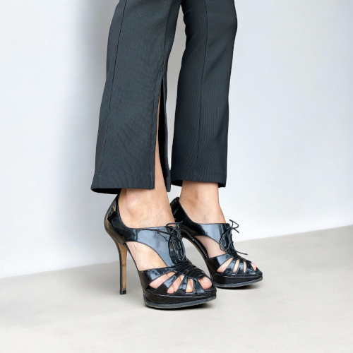 CHRISTIAN DIOR Black Patent Leather Cutout Peep Toe Lace Up Booties, Size 37.5
