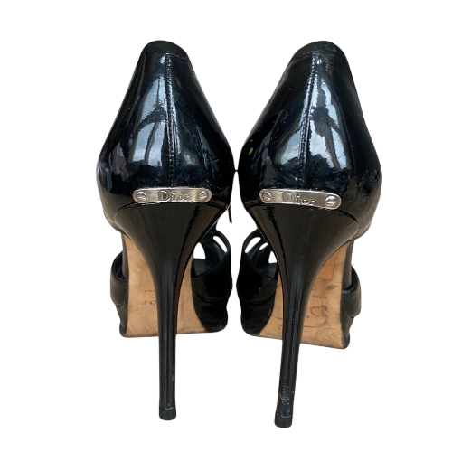 CHRISTIAN DIOR Black Patent Leather Cutout Peep Toe Lace Up Booties, Size 37.5