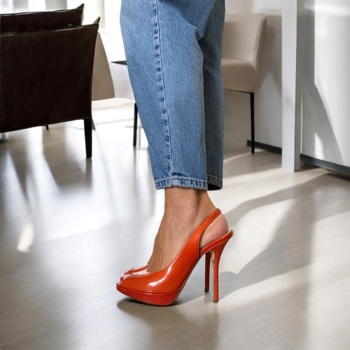 CHRISTIAN DIOR Orange Croc Patent Leather Peep Toe Slingback Pumps, Size 36.5