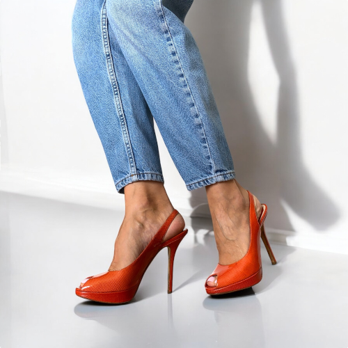 CHRISTIAN DIOR Orange Croc Patent Leather Peep Toe Slingback Pumps, Size 36.5
