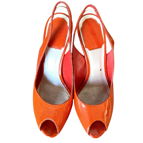 CHRISTIAN DIOR Orange Croc Patent Leather Peep Toe Slingback Pumps, Size 36.5