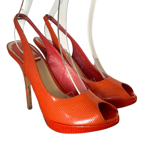 CHRISTIAN DIOR Orange Croc Patent Leather Peep Toe Slingback Pumps, Size 36.5