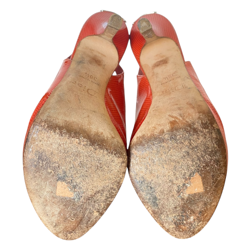 CHRISTIAN DIOR Orange Croc Patent Leather Peep Toe Slingback Pumps, Size 36.5