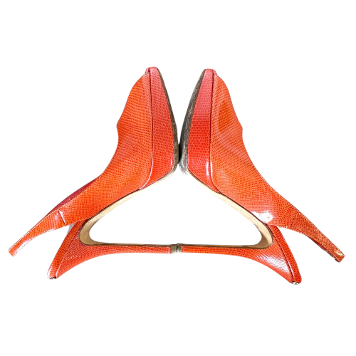 CHRISTIAN DIOR Orange Croc Patent Leather Peep Toe Slingback Pumps, Size 36.5